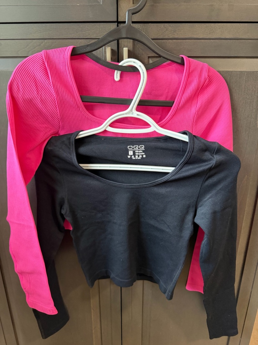 OQQ Black Long Sleeve Top + Hot Pink Ribbed Top Duo